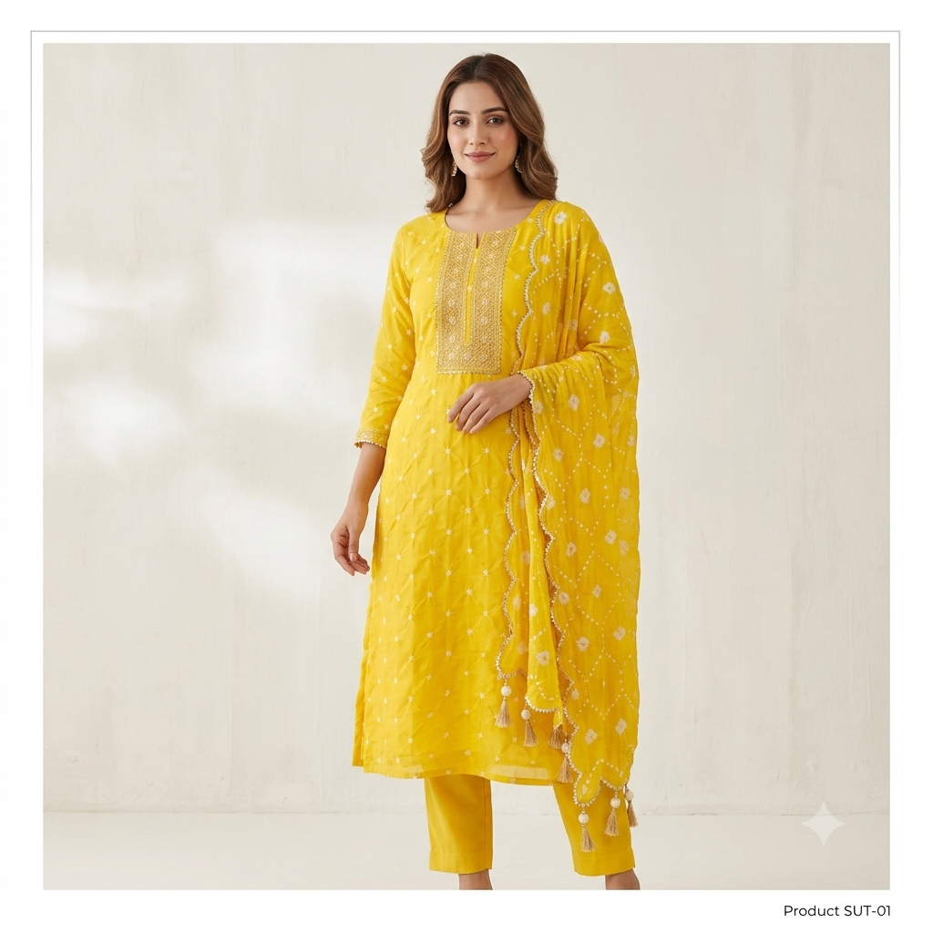  Bright Yellow Pure Crepe Bandhani Unstitched Suit Set (SUT-01)